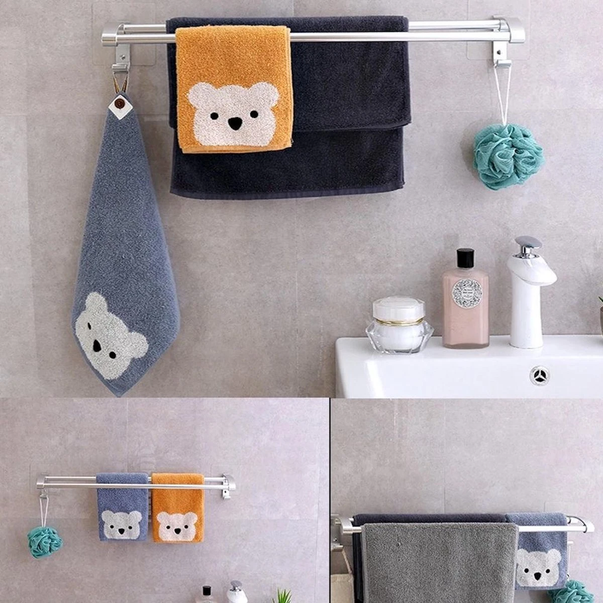 Merkloos Decopatent® Dubbele Handdoekrek - Handdoekhouder 2 Haken - Badkamer - Keuken - Zonder Boren - Handdoekenstang - Handdoekenrek - Afbeelding 3