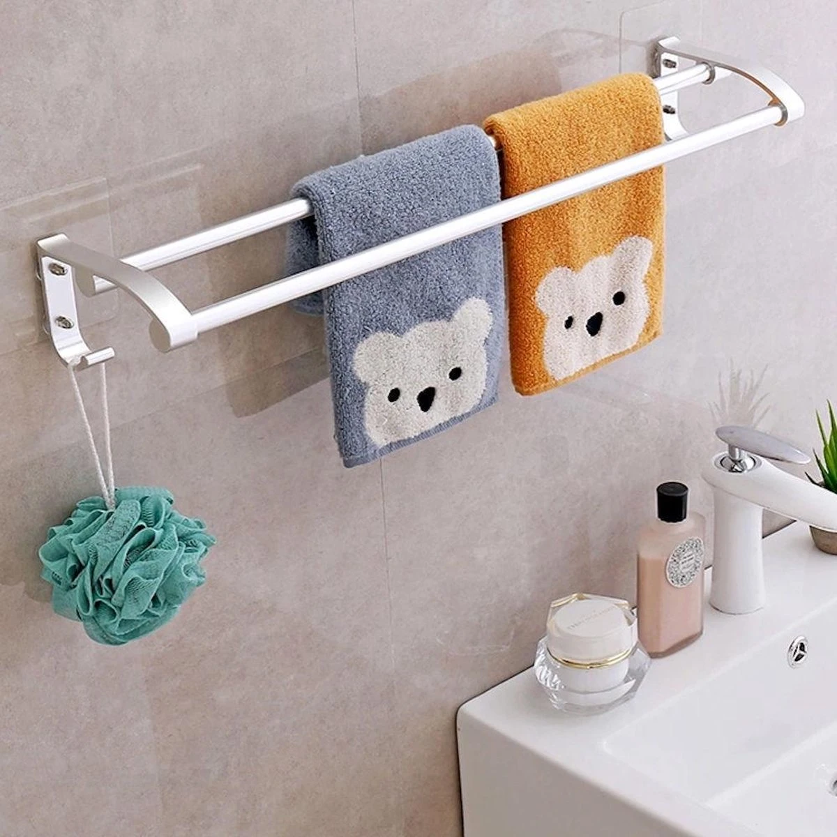 Merkloos Decopatent® Dubbele Handdoekrek - Handdoekhouder 2 Haken - Badkamer - Keuken - Zonder Boren - Handdoekenstang - Handdoekenrek - Afbeelding 4