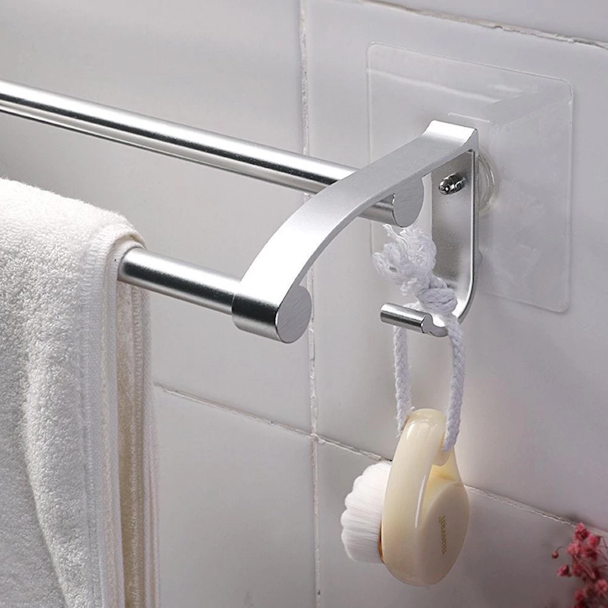 Merkloos Decopatent® Dubbele Handdoekrek - Handdoekhouder 2 Haken - Badkamer - Keuken - Zonder Boren - Handdoekenstang - Handdoekenrek - Afbeelding 6