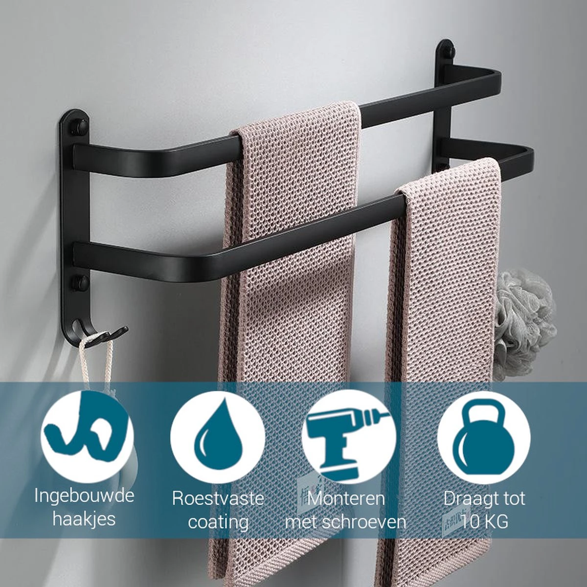 Vannons - Handdoekrek - Handdoekrek Badkamer - 2 Handdoeken - Zwart - Afbeelding 5