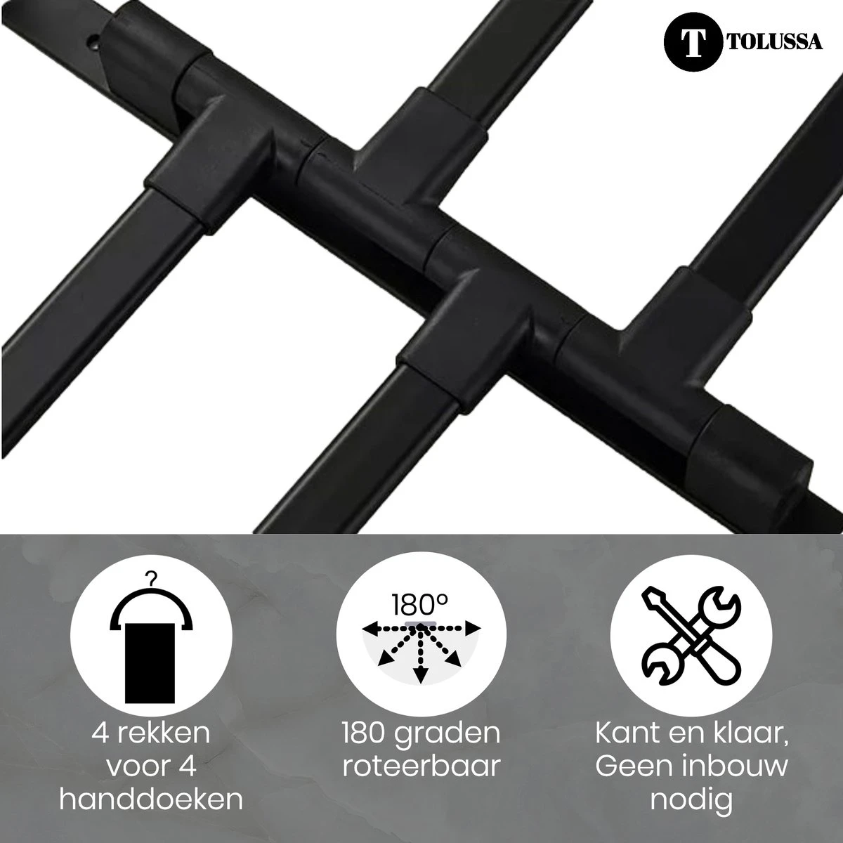 Tolussa Handdoekrek Badkamer Zwart - 30 CM - Handdoekhouder Zwart - Handdoekenrek Badkamer - Draaibaar - Afbeelding 4