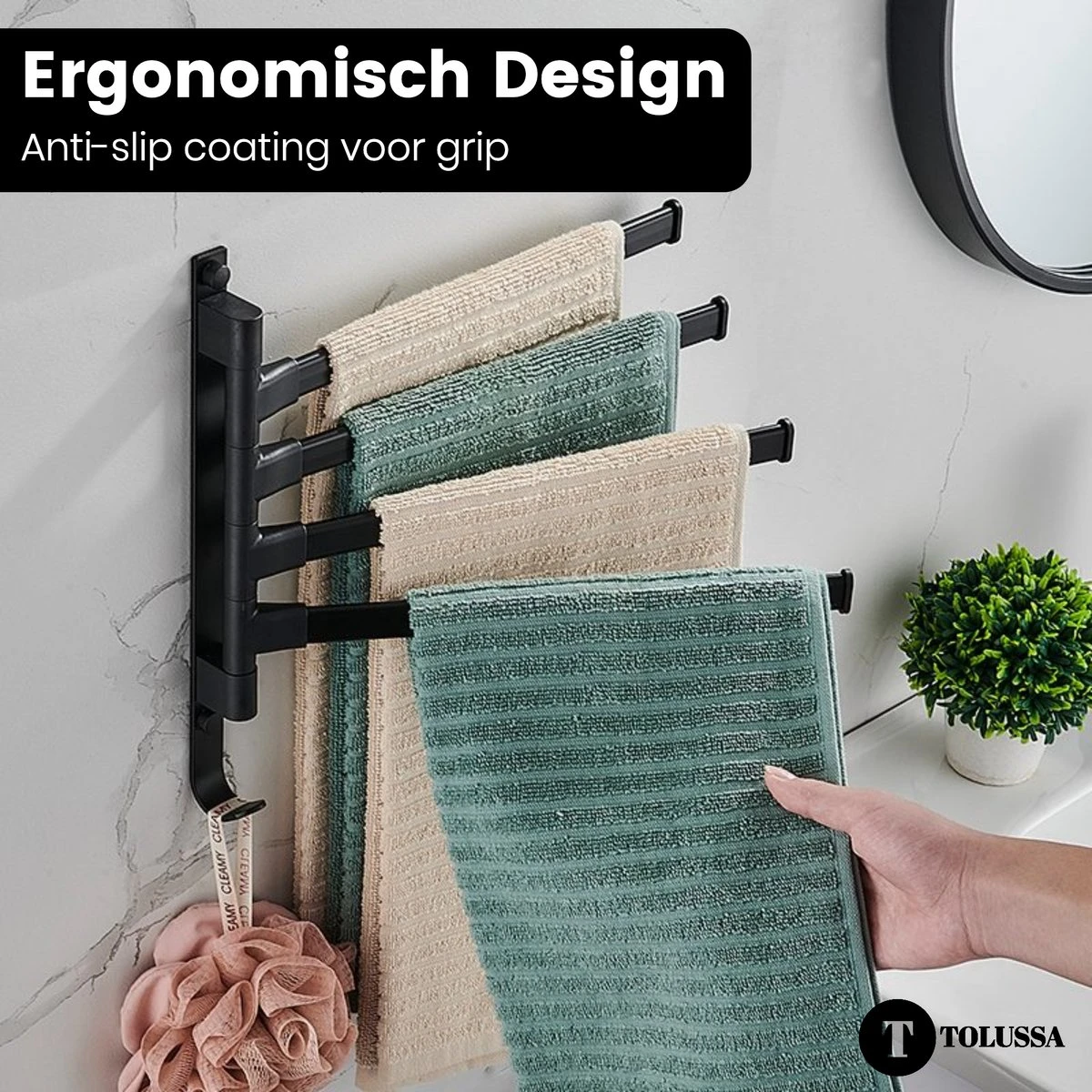 Tolussa Handdoekrek Badkamer Zwart - 30 CM - Handdoekhouder Zwart - Handdoekenrek Badkamer - Draaibaar - Afbeelding 5