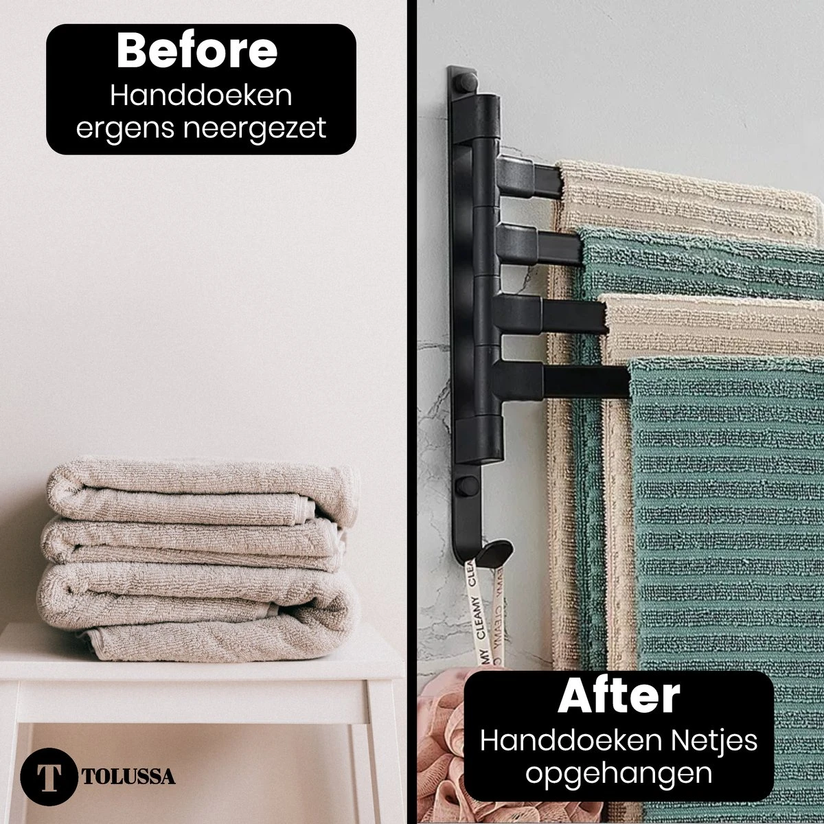 Tolussa Handdoekrek Badkamer Zwart - 30 CM - Handdoekhouder Zwart - Handdoekenrek Badkamer - Draaibaar - Afbeelding 7