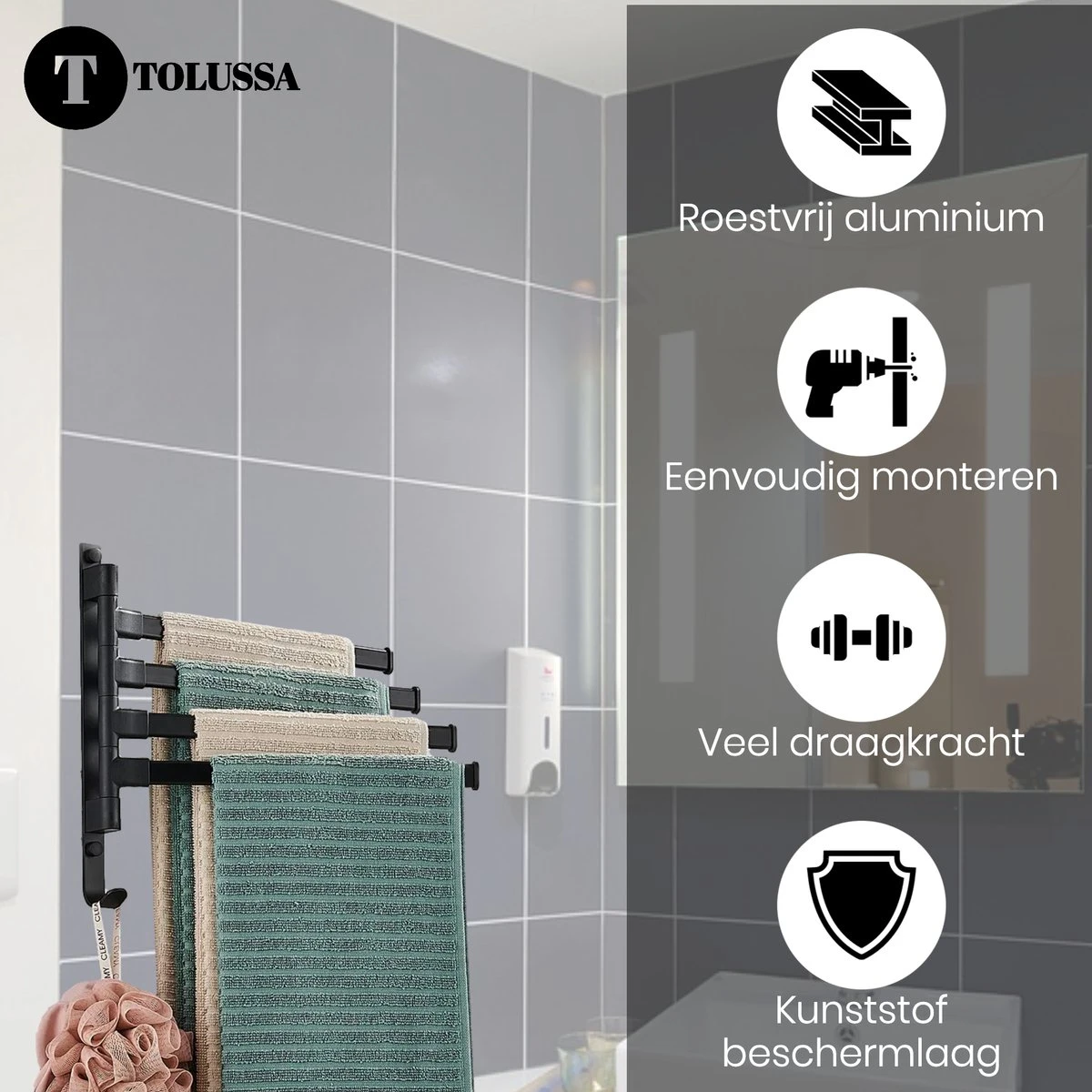 Tolussa Handdoekrek Badkamer Zwart - 30 CM - Handdoekhouder Zwart - Handdoekenrek Badkamer - Draaibaar - Afbeelding 10