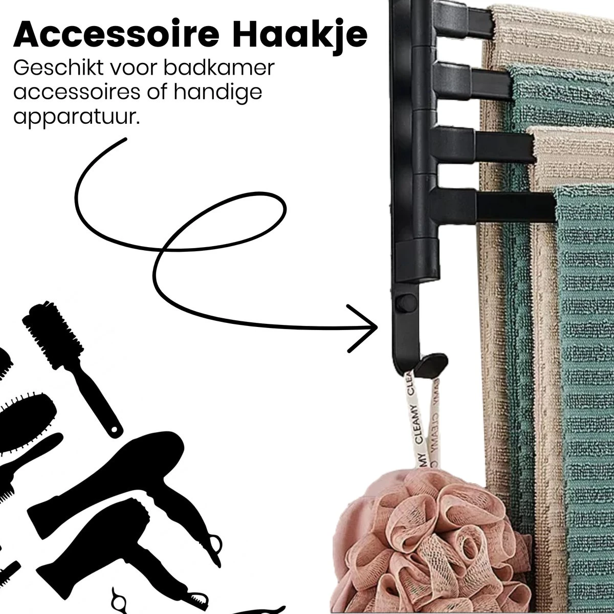 Tolussa Handdoekrek Badkamer Zwart - 30 CM - Handdoekhouder Zwart - Handdoekenrek Badkamer - Draaibaar - Afbeelding 11