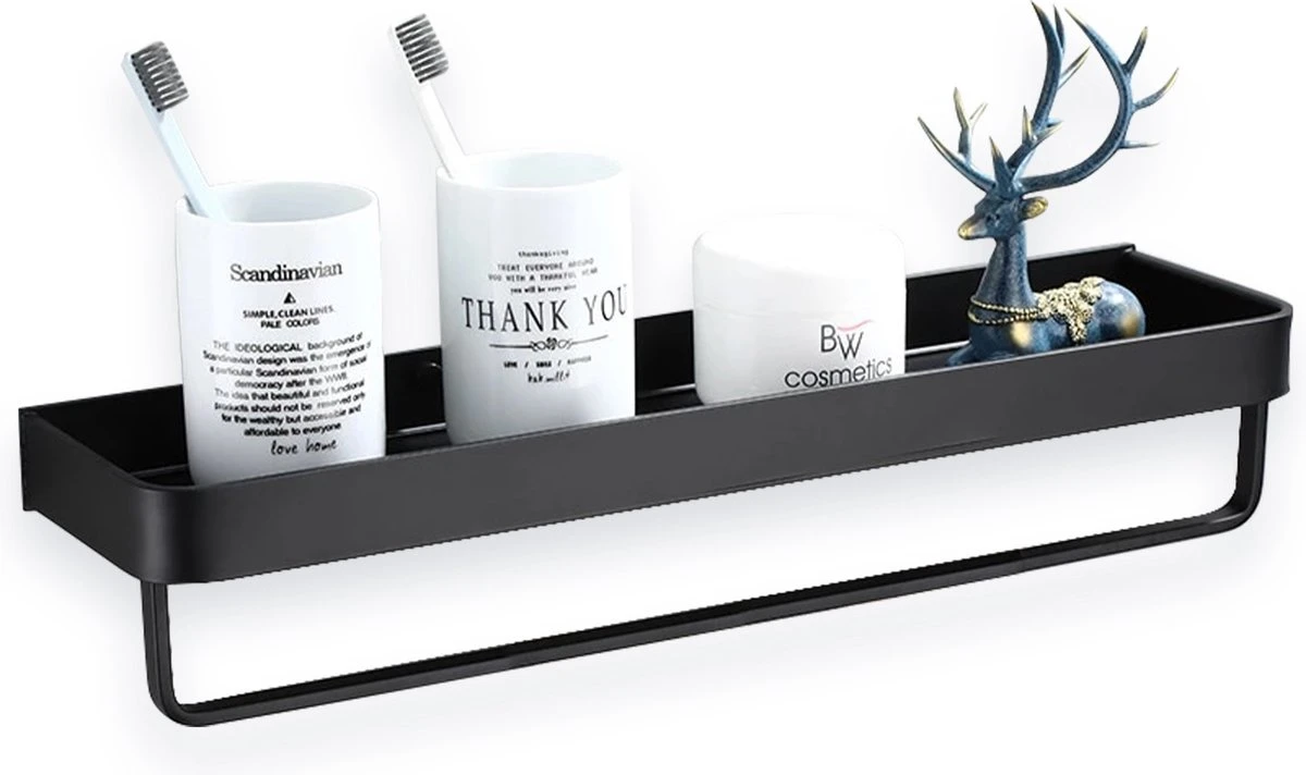 Merkloos Doucherek Zonder Boren 2x 30 Cm – Doucherek – Doucherek Hangend – Badkamerrek – Zonder Boren – IP68 Waterdicht – 4KG Draagkracht – Zwart RVS - Afbeelding 2