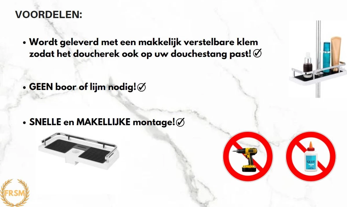 Merkloos Doucherek Zonder Boren –Douchemand- Badkamerrek-Doucheplank- Badkamer Organiser- Doucherek Hangend-Doucherek Zwart – Doucherek Hangend – Badkamer Organizer – Douche Organizer - Doucherekje - Doucherekje Zonder Boren-Zilver-Zwart-Wit - Afbeelding 5