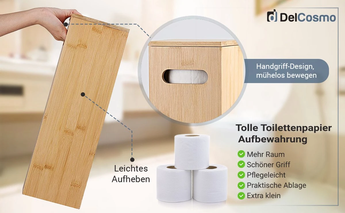 DelCosmo Staande Toiletpapier Houder Gemaakt Van Bamboe - Toiletrolhouder Voor 4 Toiletrollen - Toiletrollen Rolhouder - Toilet & Badkamer Accessoires - Afbeelding 3