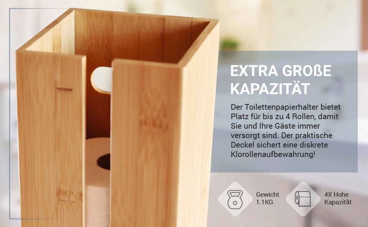 DelCosmo Staande Toiletpapier Houder Gemaakt Van Bamboe - Toiletrolhouder Voor 4 Toiletrollen - Toiletrollen Rolhouder - Toilet & Badkamer Accessoires - Afbeelding 2
