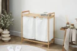 Lifa Bathing Bamboe Rek Met Wasmanden - Polyester En Bamboe - Uitschuifbare Opbermanden Met Deksel - Wassorteerbak 60 Liter - 2 Vakken - Voor Badkamer, Slaapkamer En Wasruimte - 73 X 64 X 33 Cm