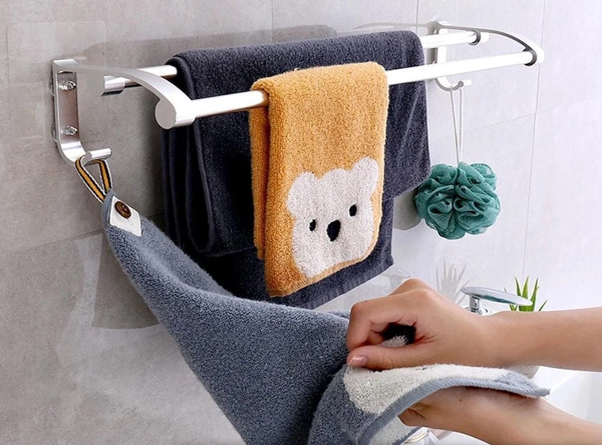 Merkloos Decopatent® Dubbele Handdoekrek - Handdoekhouder 2 Haken - Badkamer - Keuken - Zonder Boren - Handdoekenstang - Handdoekenrek - Afbeelding 8