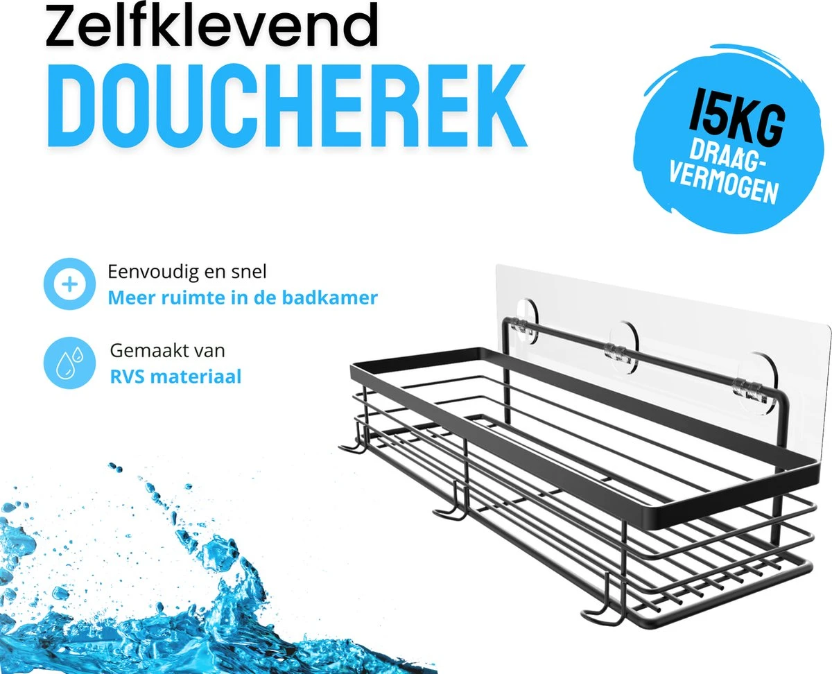 RVS Doucherek Zelfklevend Zonder Boren Zwart - Douchemandje Met 15KG Draagvermogen - Planchet Badkamerrek - Shower Rack - 31x10cm - Afbeelding 2