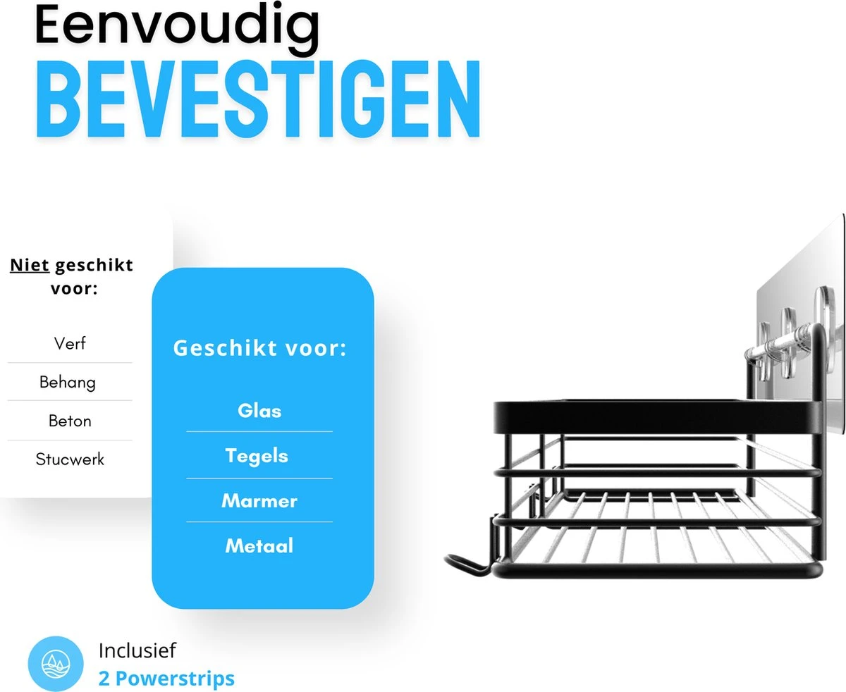 RVS Doucherek Zelfklevend Zonder Boren Zwart - Douchemandje Met 15KG Draagvermogen - Planchet Badkamerrek - Shower Rack - 31x10cm - Afbeelding 4