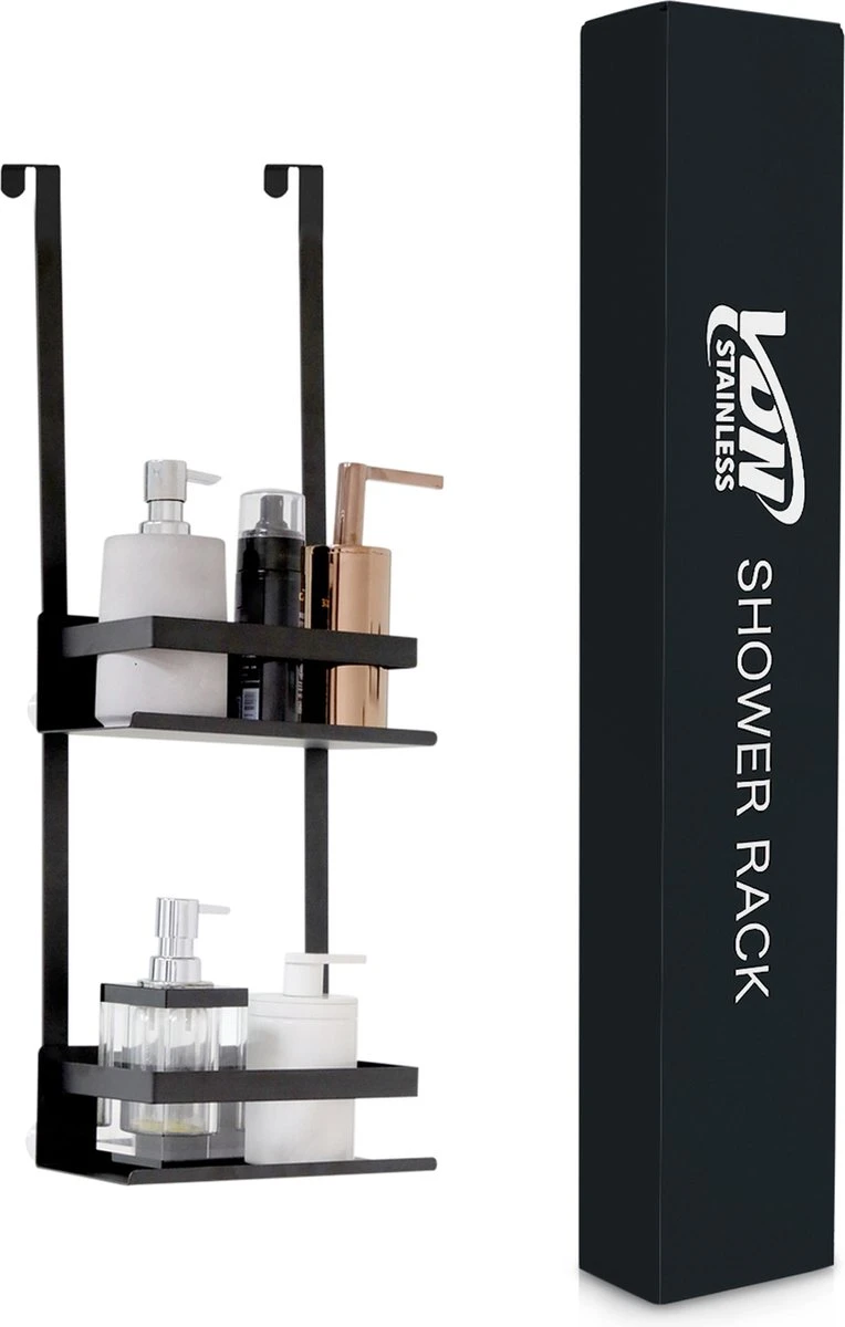 VDN Stainless Doucherek Zonder Boren - Doucherek Hangend - Doucherek Zwart - RVS - Doucherek Aan Douchewand - 2 Laags - Afbeelding 6