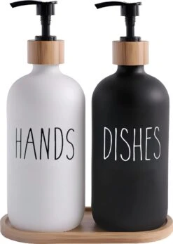 MAESON Glazen Zeepdispener Set Voor Handzeep En Afwasmiddel – Zeeppompje Keuken – Keukenaccesoires - Zwart/Wit