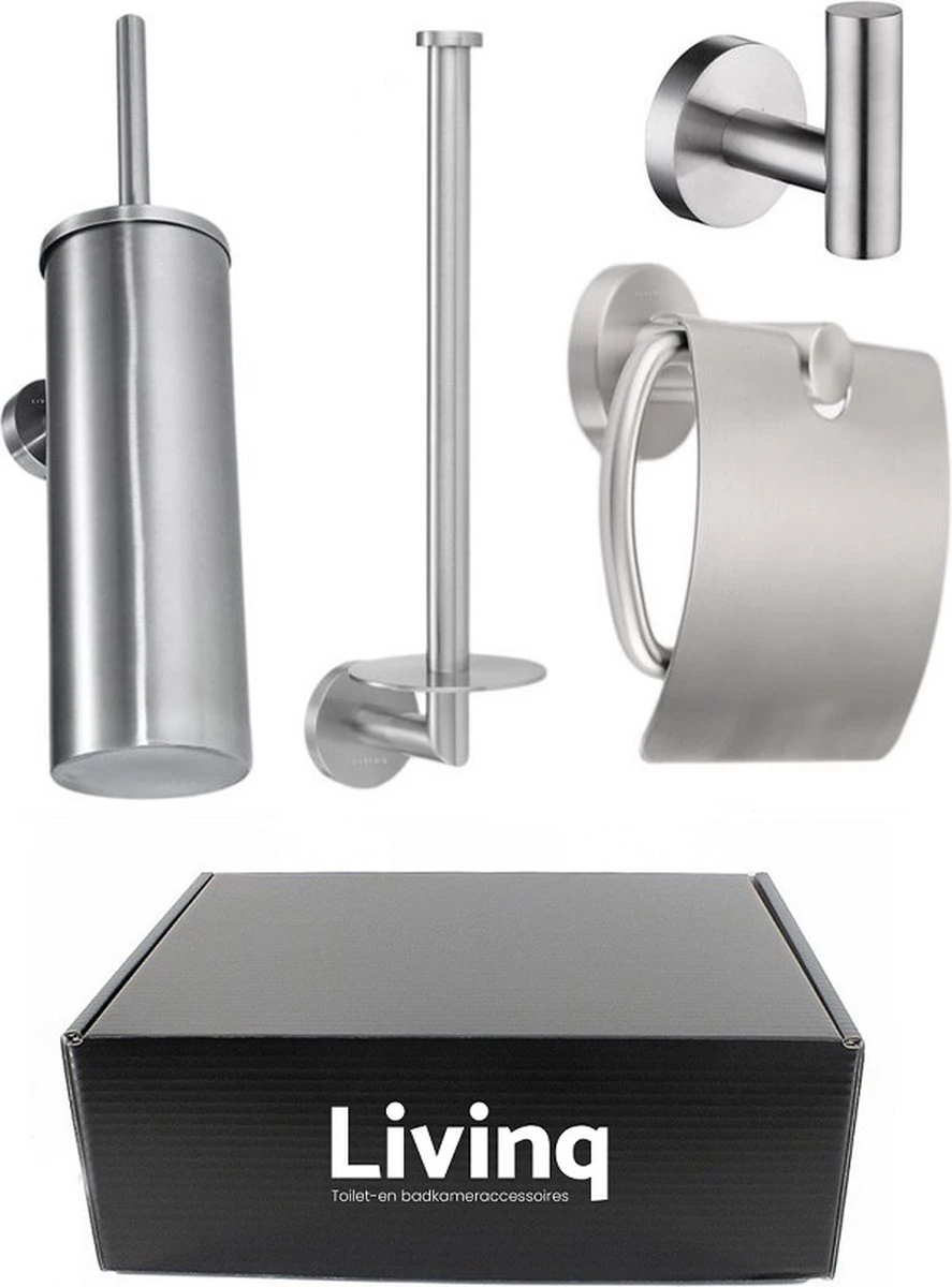 Toiletaccessoireset RVS 4-delig - Luxe Toilet Set - Toiletborstel Met Houder - Toiletrolhouder Met Klep - Reserverolhouder - Handdoekhaak - Zilver - Toiletset - Afbeelding 6
