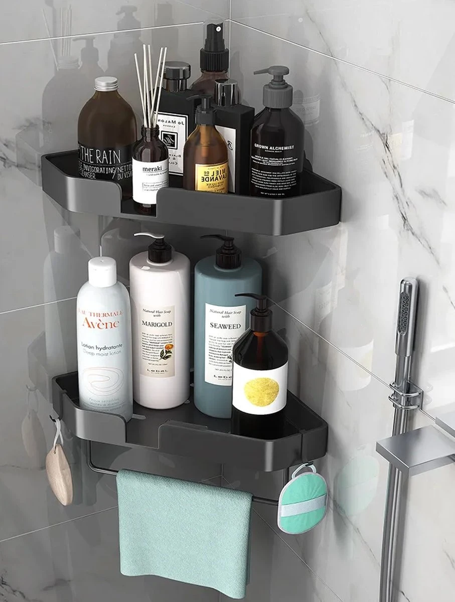 Luxe Doucherek Zonder Boren – 1/2/3 Laags – 32 Cm – Hangend – Aluminium – Zwart - Afbeelding 8