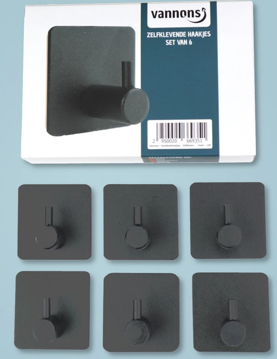 Vannons - Handdoekhaakjes - Zelfklevende Haakjes - Set Van 6 Haakjes - RVS - Zwart - Afbeelding 7