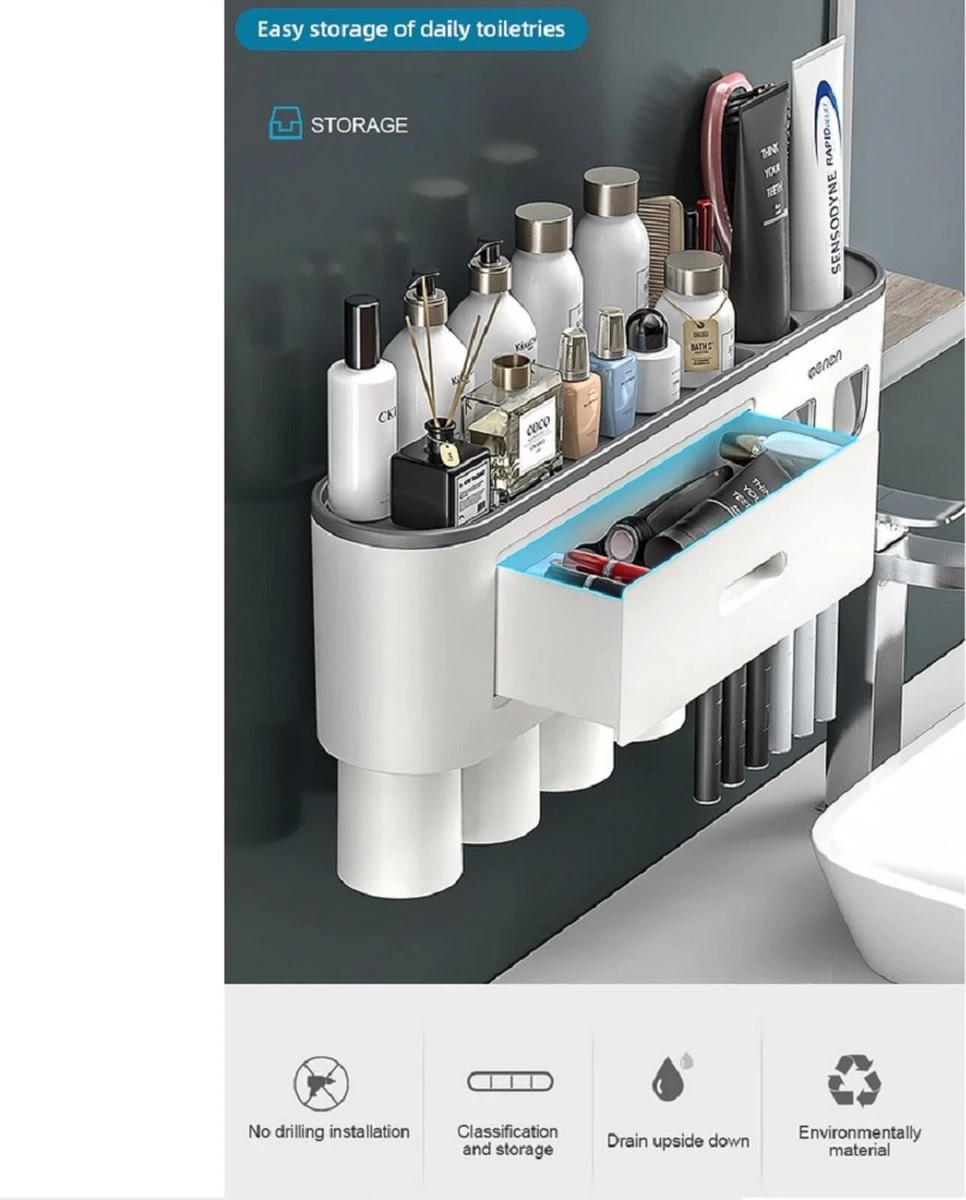 LuxeBass Tandenborstel Organizer | Tandenborstelhouder | Automatisch Tandpasta Dispenser | Met Lade En Opbergvak Voor Badkamer - LB544 - Afbeelding 2