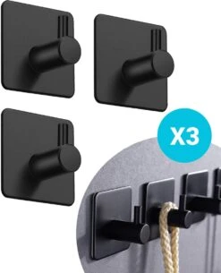 Qitch & Quisine Handdoekhaakjes - Set Van 3 Zwarte Haakjes - Zelfklevend - Waterbestendig - RVS